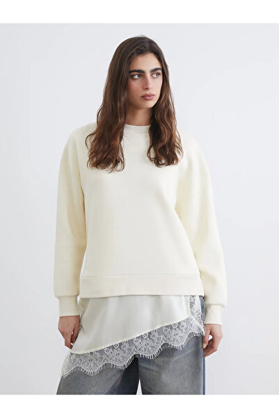 LC Waikiki LCW Vision Bej Dantel Detaylı Oversize Kadın Kalın Sweatshirt