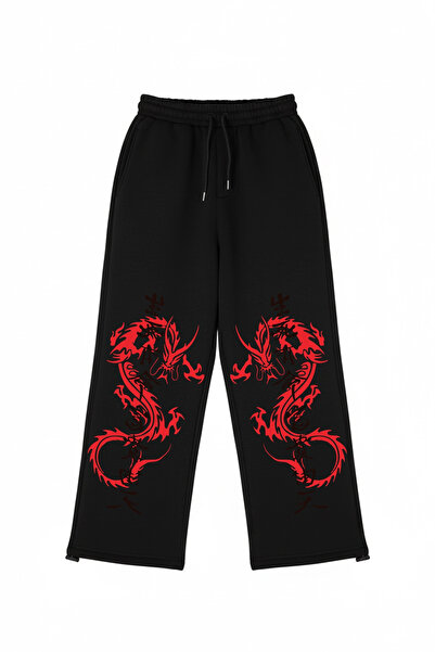 Sokak Butik Premium Dragon Wide Leg Men's Black Sweatpants