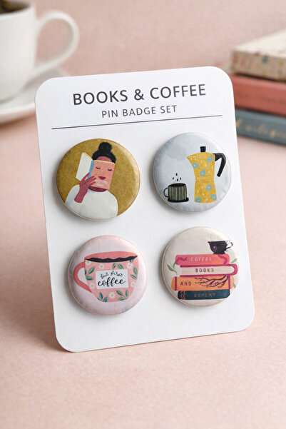 Fynbos Kitap & Kahve Temalı 4’lü Rozet Seti – Kahve Kitap Severlere Özel İğne...