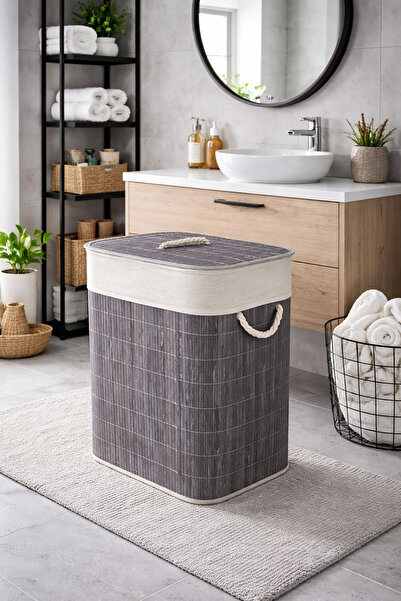 BEYZANA Gri Renk Bambu Kirli Sepeti Dikdörtgen Çamaşır Düzenleyici