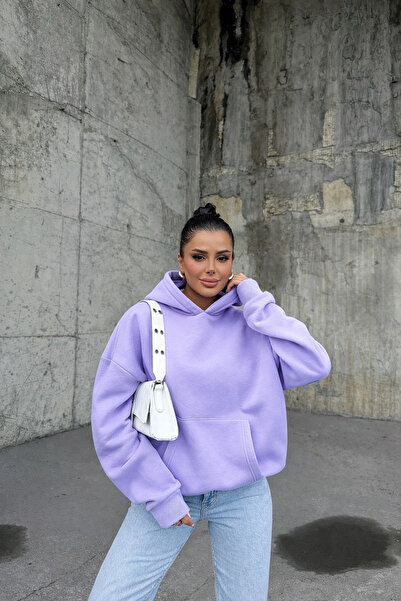 YAKAMEL Hanorac cu glugă pentru femei, LILA, cu 3 fire, supradimensionat, con...