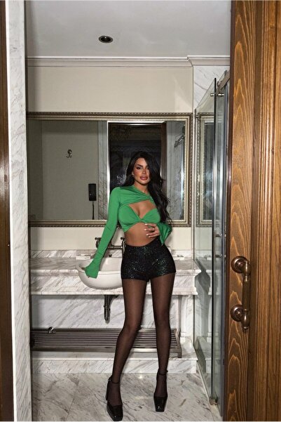 yakestore YAKE STORE Yeşil Becca Payetli Mini Şort ATE-2227