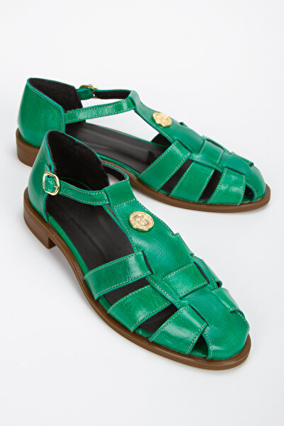 PASSAGE SHOES Women's Genuine Leather Buckle Detailed Sandals 6338 Green