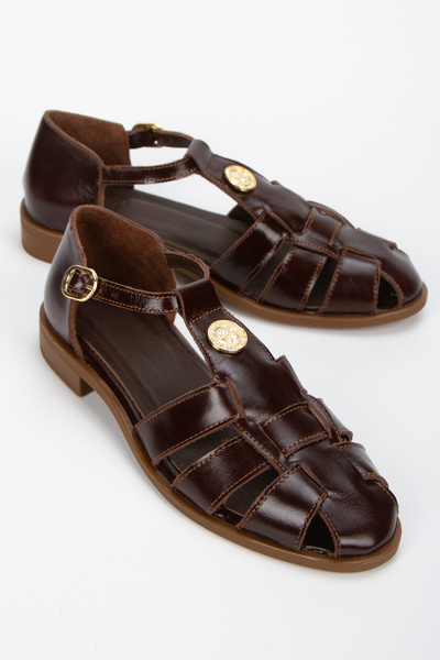 PASSAGE SHOES Women's Genuine Leather Buckle Detailed Sandals 6338 Brown