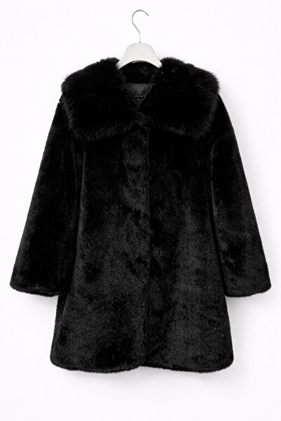 günay boutıque Kadın Siyah Peluş Kürk Kaban – Lüks Dokulu,Yakası Kürklü, Büyü...
