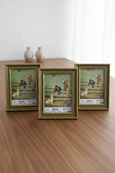 Asya Çerçeve Dekoratif 3'lü Set Antik Desenli Yeşil 13x18 Ayaklı Plastik Foto...