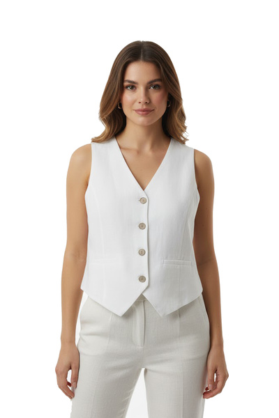 west club Kadın Beyaz Keten Görünümlü V Yaka Düğmeli Yelek