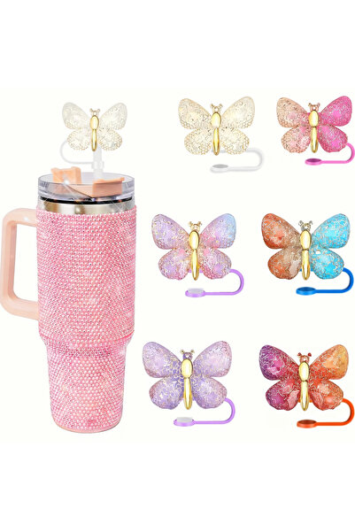 Dilekita Thermos Compatible Resin Glitter Gradient Butterfly Straw Cover Plas...