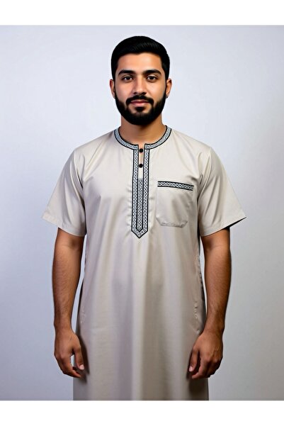 Influence Germany ثوب رجالي بيج فاتح كندورة جلابية مع تطريز