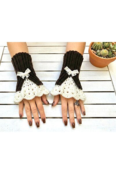 TrendYünEvi Hand Knitted Fingerless Gloves (Dark Brown)(S-M-L) Knitted with C...