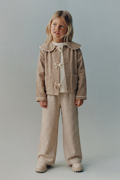 Magu Girl's Cotton Brown Sailor Collar Lace-Up Jacket Striped Pants Set - Poc...