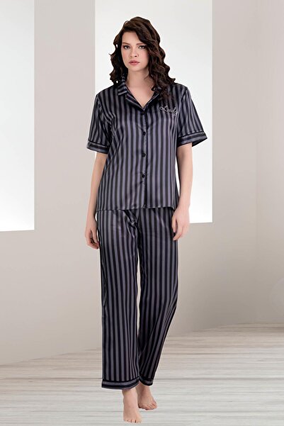 REN Women's Black Striped Short Sleeve Satin Button down Shirt Pajama Set