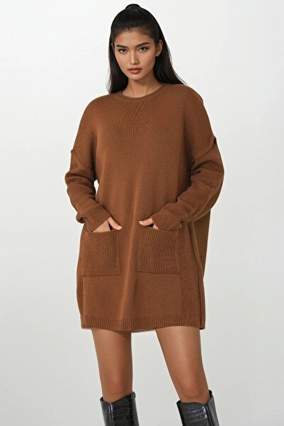 Trend Alaçatı Stili Women's Brown Ribbed Crew Neck Mini Knit Dress Alc-X14902