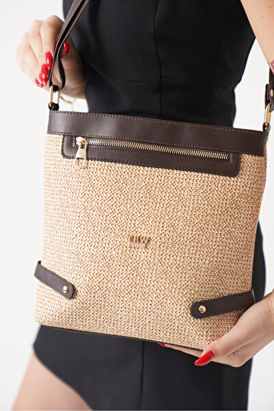 DELSOLERA Women's Straw Daily Brown Handle Detailed Stylish Crossbody Bag