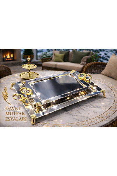 Davet Vefa Paslanmaz Çelik Ayaklı Çay ve Kahve Tepsi Gold 2li Set - Çay Tepsi...