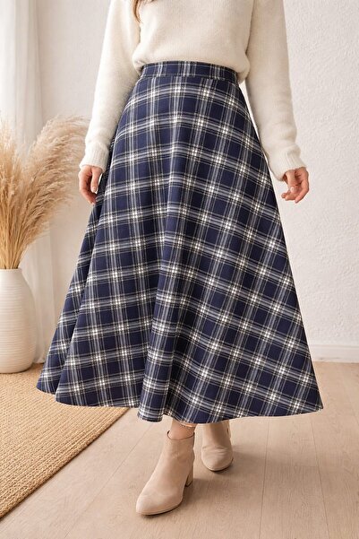 lobivia Plaid Patterned Flared Skirt, Hijab-Friendly and Casual Skirt, Elasti...