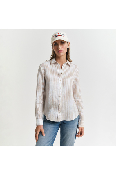 Gant Kadın Bej Regular Fit Klasik Yaka Çizgili Keten Gömlek