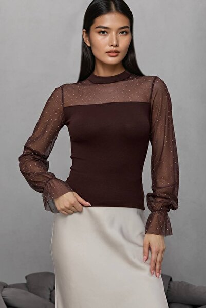 Trend Alaçatı Stili Women's coffee Mock Neck stone embroidered lace detailed ...