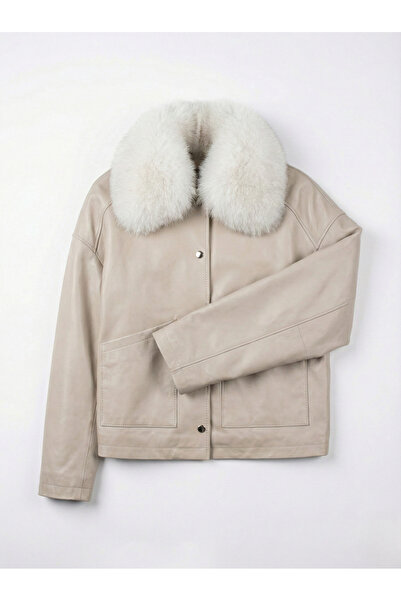 Roza Mary Pelle Kadın Bej Kürk Yakalı Hakiki Deri Ceket