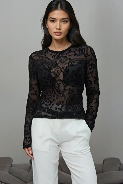 Trend Alaçatı Stili Women's Black Bicycle Flock Printed Tulle Detailed Blouse...