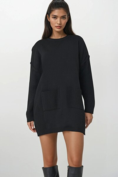 Trend Alaçatı Stili Women's black ribbed crew neck mini knit dress alc-x14902