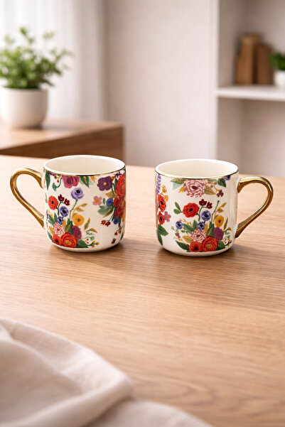 YzHome 2 Li Porcelain Gold Gilded Flower Patterned Mug Cup 150ml
