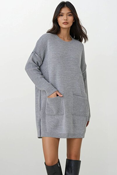 Trend Alaçatı Stili Women's Gray Ribbed Crew Neck Mini Knit Dress Alc-X14902