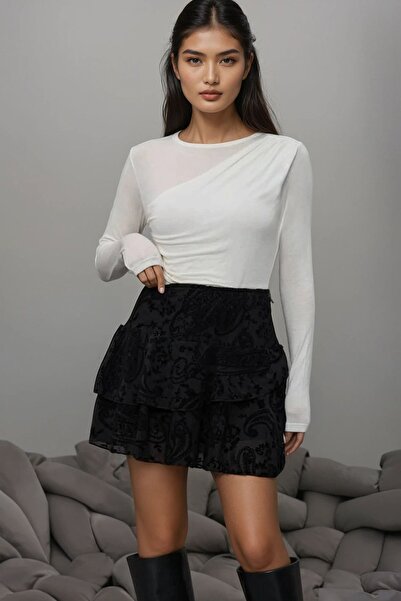 Trend Alaçatı Stili Women's black zippered lined flocked Printed tulle mini s...