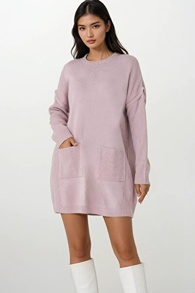 Trend Alaçatı Stili Women's pink ribbed crew neck mini knit dress alc-x14902