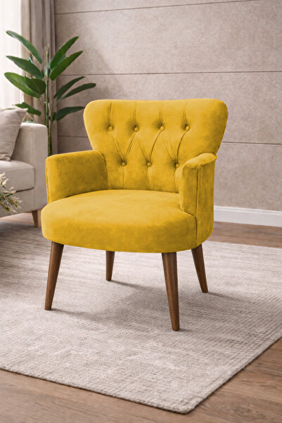 WATERYBROOK Modern Babyface Kumaş Berjer Koltuk – Ahşap Ceviz Ayaklı | SARI