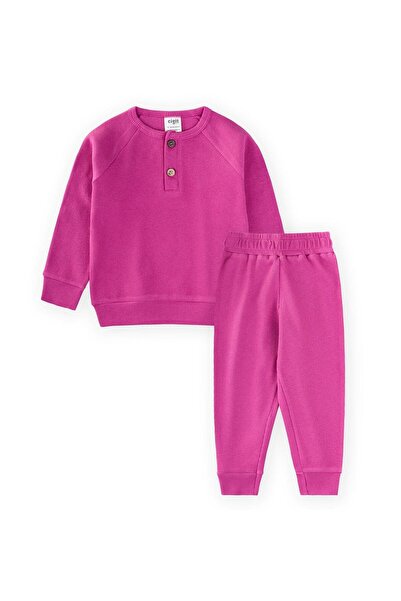 Cigit Reglan Sleeve Patched Basic Set 1-8 Years Old K. Fuchsia