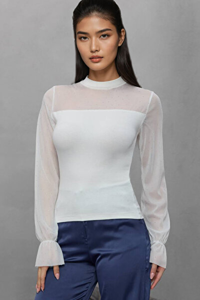 Trend Alaçatı Stili Women's White Mock Neck Stone Embroidered Lace Detailed K...
