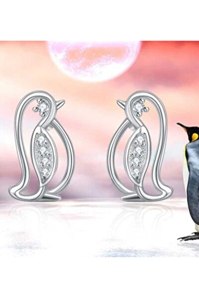 sarıyer silver Penguin Figured Zircon Stone Steel Earrings Cute Animal Luck P...
