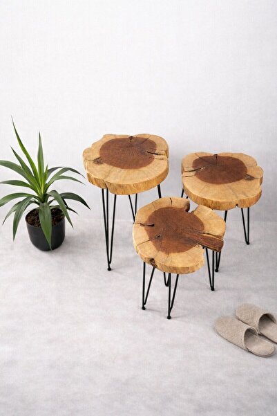 Rustic Remnants Doğal Sedir Ağacı Yan Sehpa Seti 3’lü – Metal Ayaklı Rustik T...