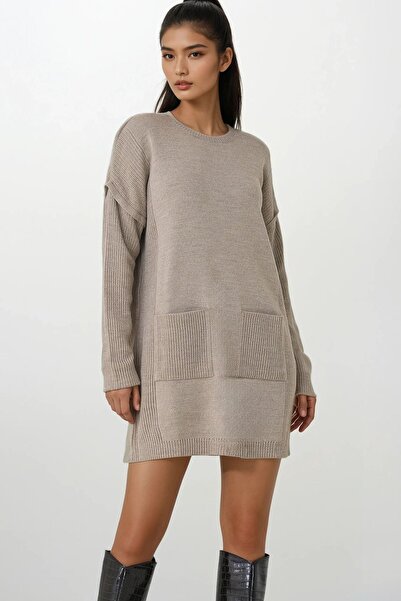 Trend Alaçatı Stili Women's stone ribbed crew neck mini knit dress alc-x14902
