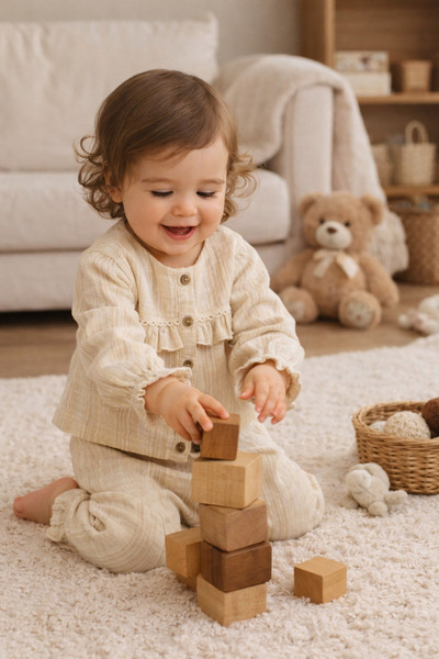 Babyhola 0-24 Months Ruffle Detail Baby Girl Kids Top and Bottom Set Brown 2007