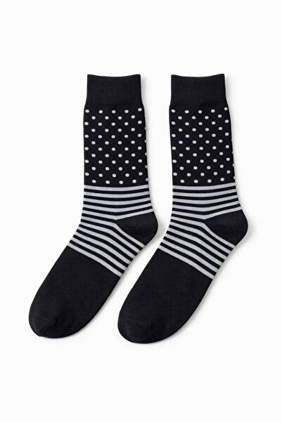 SOLDE SOCKS Men's Cotton Casual Socks – Polka Dot & Striped Pattern, Black/Wh...