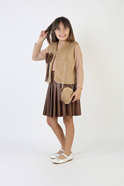 Erzani Kids Girl's Pleated Leather Skirt with Bow Plush/Fur Vest Set Stylish ...