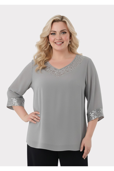 LİLAS XXL Büyük Beden Gri Renkli Şifon V Yaka Abiye Bluz