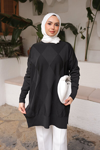 İmajButik Black Crew Neck Cold Thread Knitwear Tunic