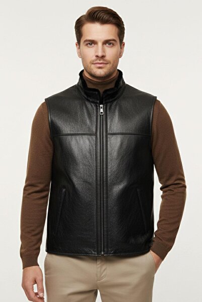 Deriderim Siyah Everest Hakiki Deri Detaylı Erkek Yelek
