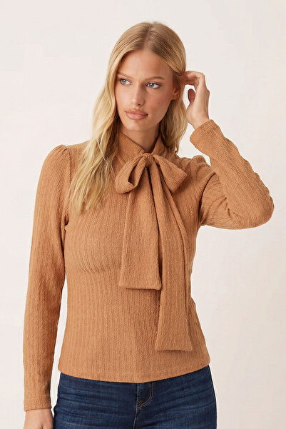 armonika Women's Mink Collar Side Tie Gathered Shoulder Blouse Arm-26K001068