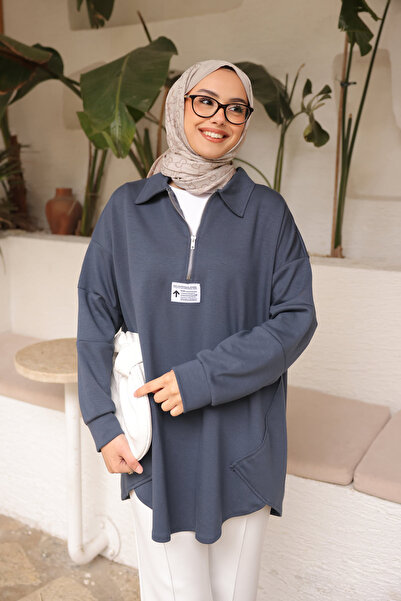 İmajButik Anthracite Half-Zip Modal Tunic with Embroidered Stitching Detail