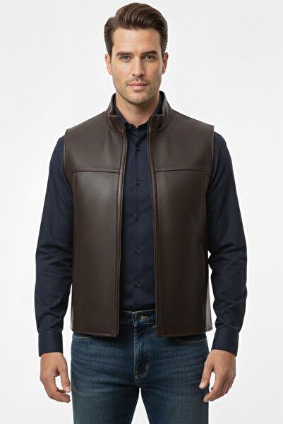 Deriderim Kahverengi Logan Dokulu Hakiki Deri Erkek Yelek