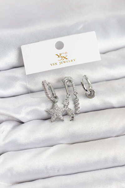 shopwave طقم أقراط نجمة من الزركون بلون فضي نحاسي طراز YSX Trio