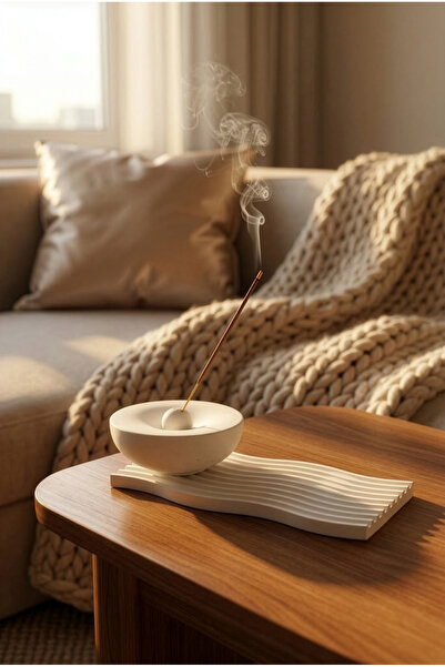 ZURİ DESİGN Modern Beton Tütsülük Set Dalgalı Altlıklı - Beyaz Minimalist Çub...