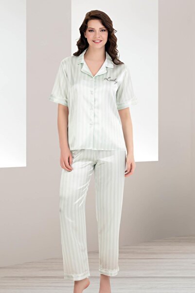 REN Women's Mint Striped Short Sleeve Satin Buttoned Shirt Pajama Set