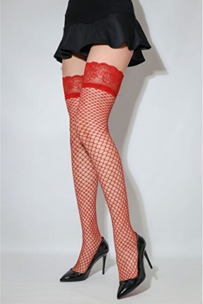 Daymod Дамски червени силиконови дантелени чорапи с голяма мрежа и жартиери