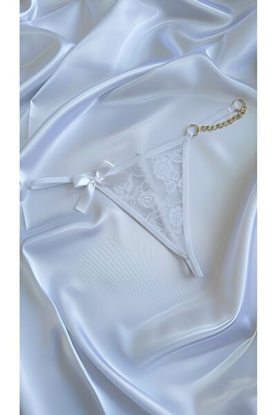 Maly Love Kadın Beyaz Dantel Fiyonk ve Zincir Detaylı Tanga