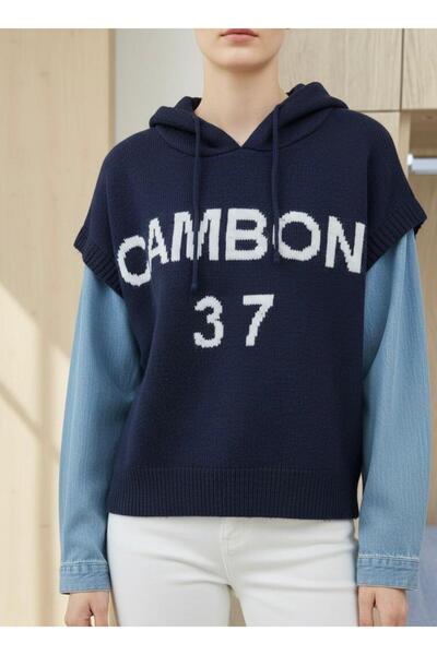 Maysev Hooded Navy Blue Women's Sweater with Denim Sleeve Detail and Slogan W...